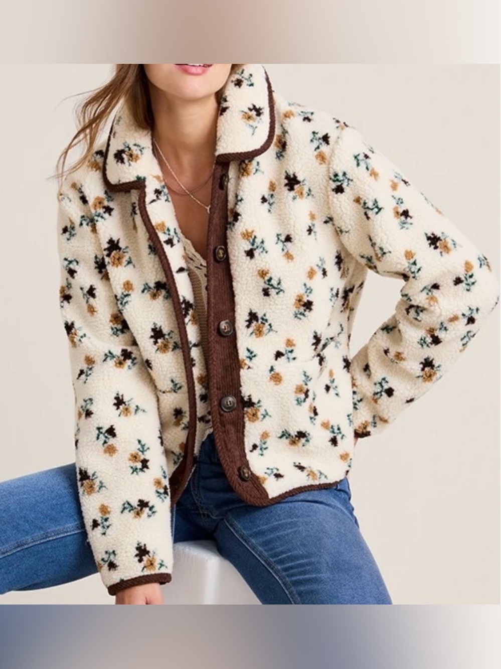 1 Sunset Lane Floral Sherpa Button-Front Jacket XS